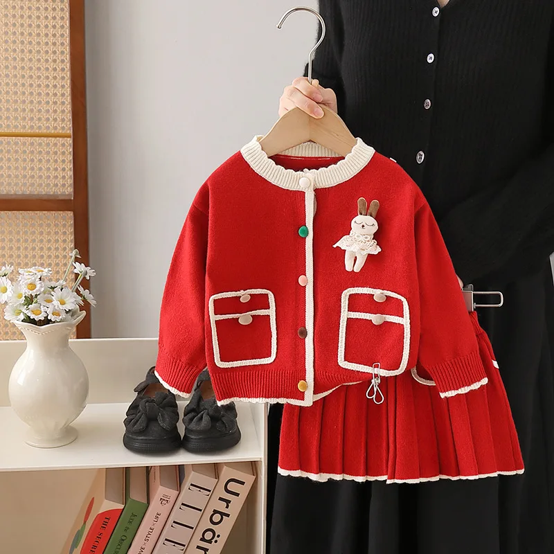 Girls clothes children clothing set 2024 autumn and winter new cartoon rabbit cardigan and pleated skirt baby sets knitted