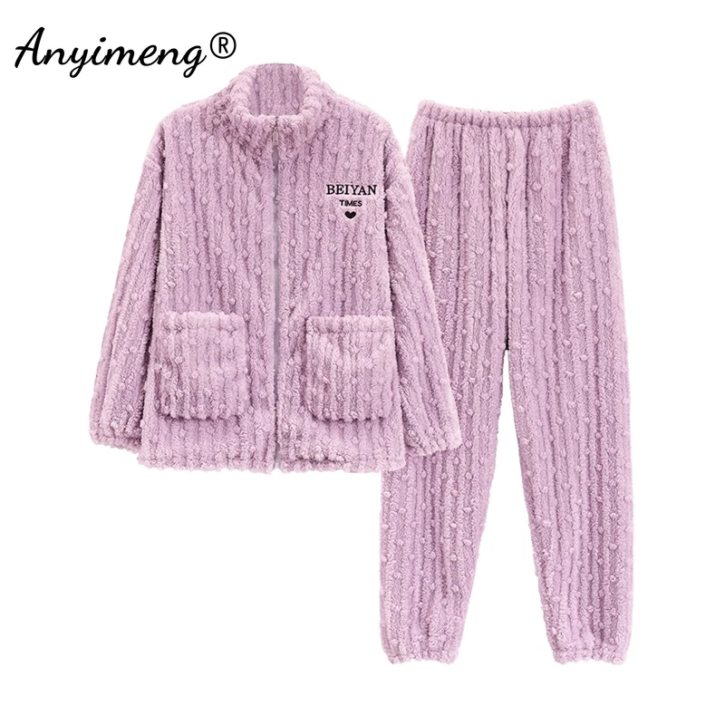 Plus Size M-5XL Winter Flannel Pajamas for Women Soft Pink Woman Nightwear Velvet Warm Homewear Cardigan Pijamas for Girl