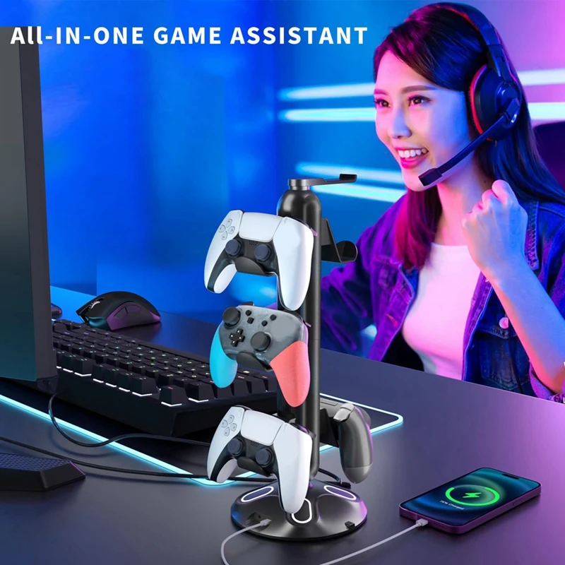 Gaming RGB Headphone Stand Controller Holder Headset Stand With 2 USB Charging Ports And 3.5Mm & Type-C