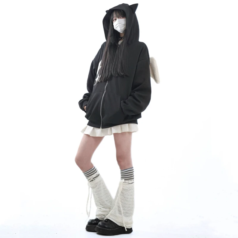 Autumn Kawaii Hoodies Women Cat Ears Hooded Sweatshirts Young Girls Y2K Plush Angel Wing Zip-Up Hoody Halloween Party Clothes