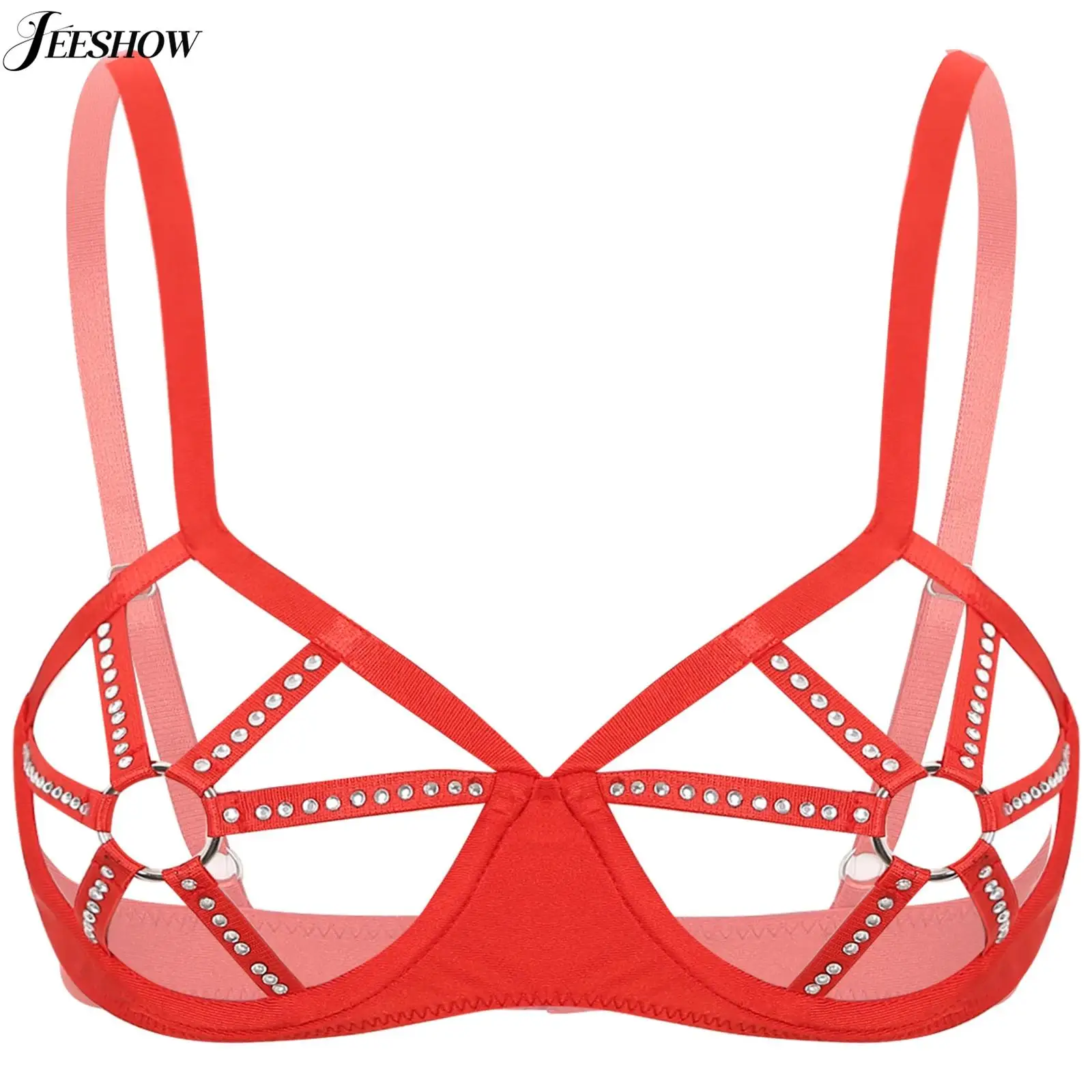 

Womens Shiny Rhinestone Hollow Out Bra See Through Push Up Underwired Brassiere Lingerie Top Cut Out Open Cup Balconette Bras
