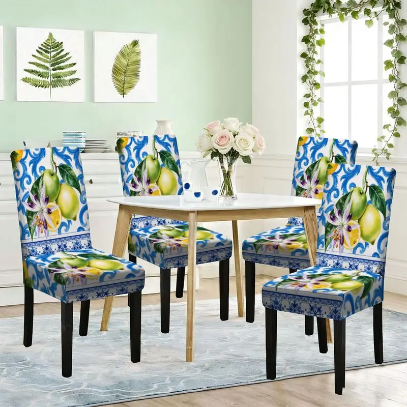 

Чехол для обеденного стула с плоским принтом и эластичной резинкой, белый фон, синий витой узор, съемный и моющийся, в минималистском стиле, чехол для стула.