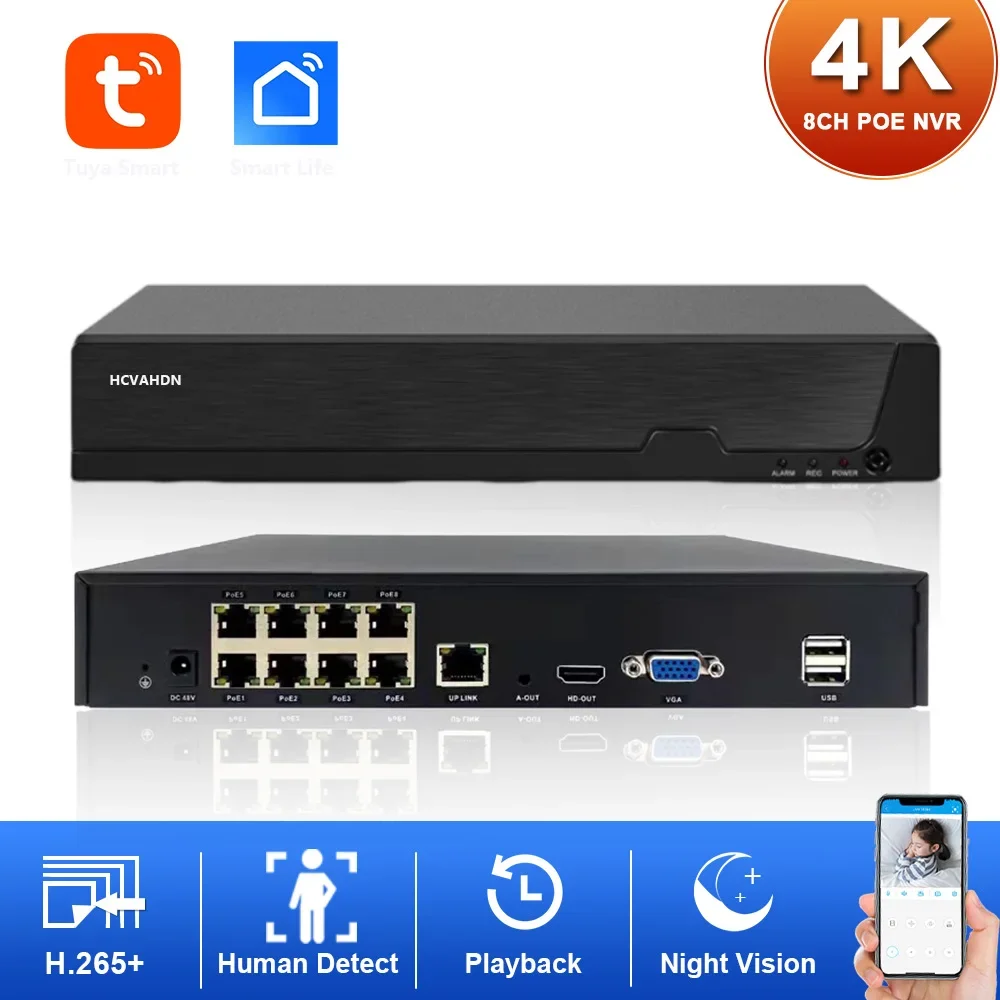 

Tuya Smart 4K 8Ch Poe Nvr 8Mp Система безопасности видеонаблюдения Обнаружение лиц H.265+ Сетевое наблюдение Аудио-видеорегистратор Удаленный доступ