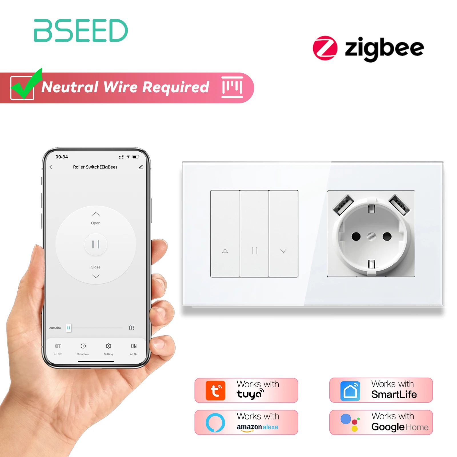 BSEED Zigbee Shutter-Schalter-Serie: Intelligente Wand-Klickschalter mit gelber Hintergrundbeleuchtung, Glasrahmen, Tuya APP, Rollenschalter, EU-Wandsteckdosen 7