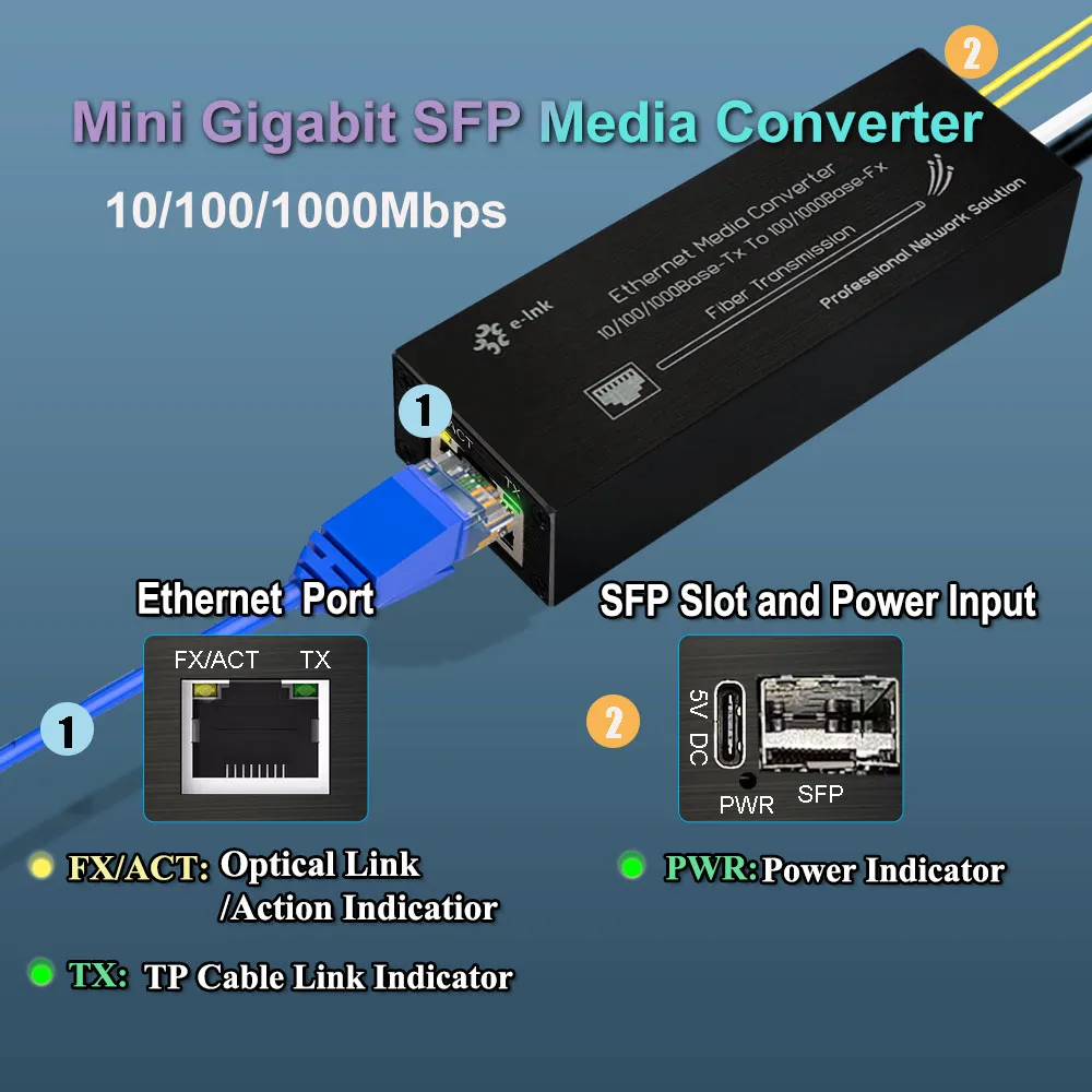 마이크로 미니 기가비트 파이버 미디어 컨버터, SFP 이더넷 미디어 컨버터, USB-C 전원 입력, 10 Mbps, 100 Mbps, 1000Mbps