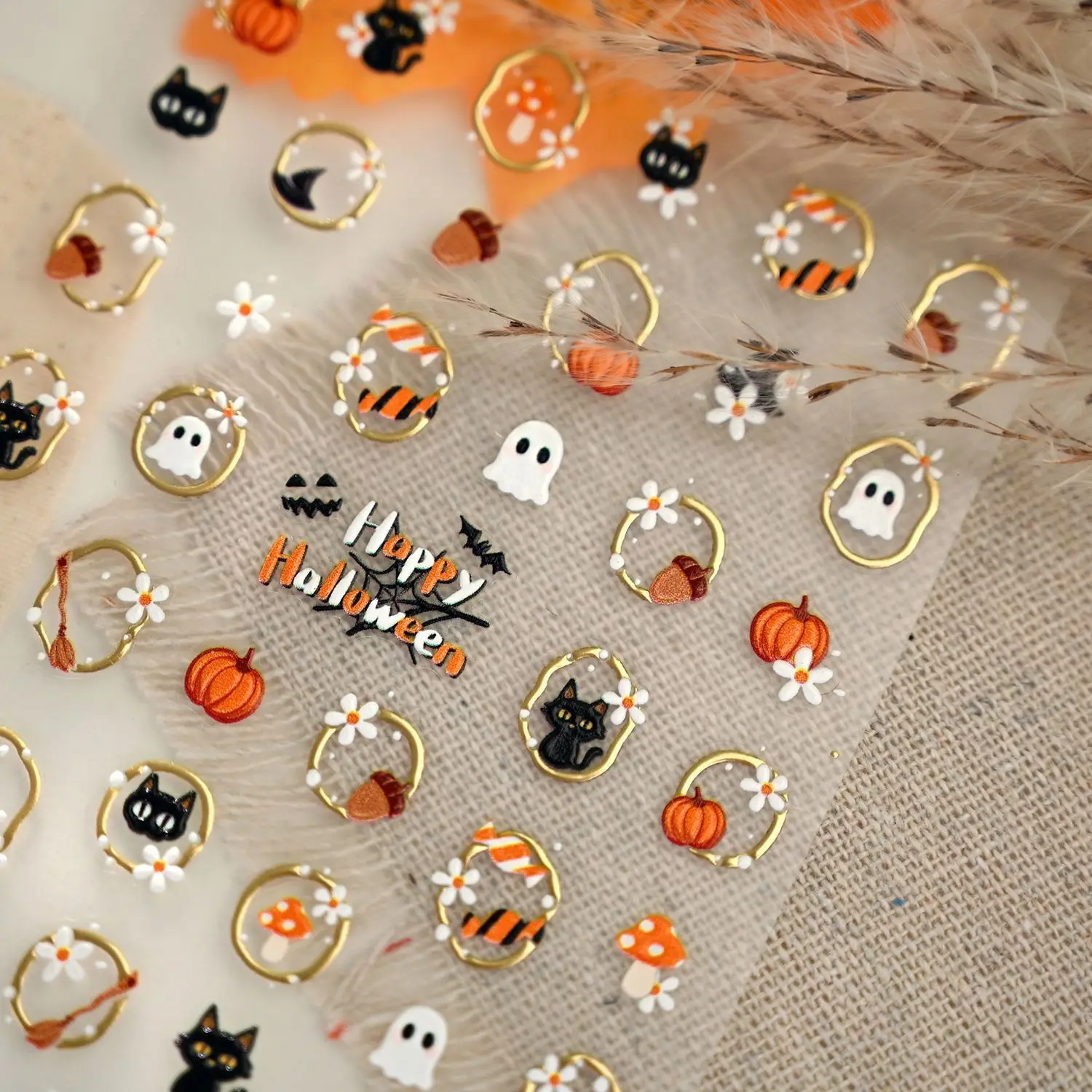 New 5D Embossed Black Cat Ghost Nail Sticker Halloween Cute Style Sweet Cool Halloween Pumpkin Self Adhesive Paper Gift