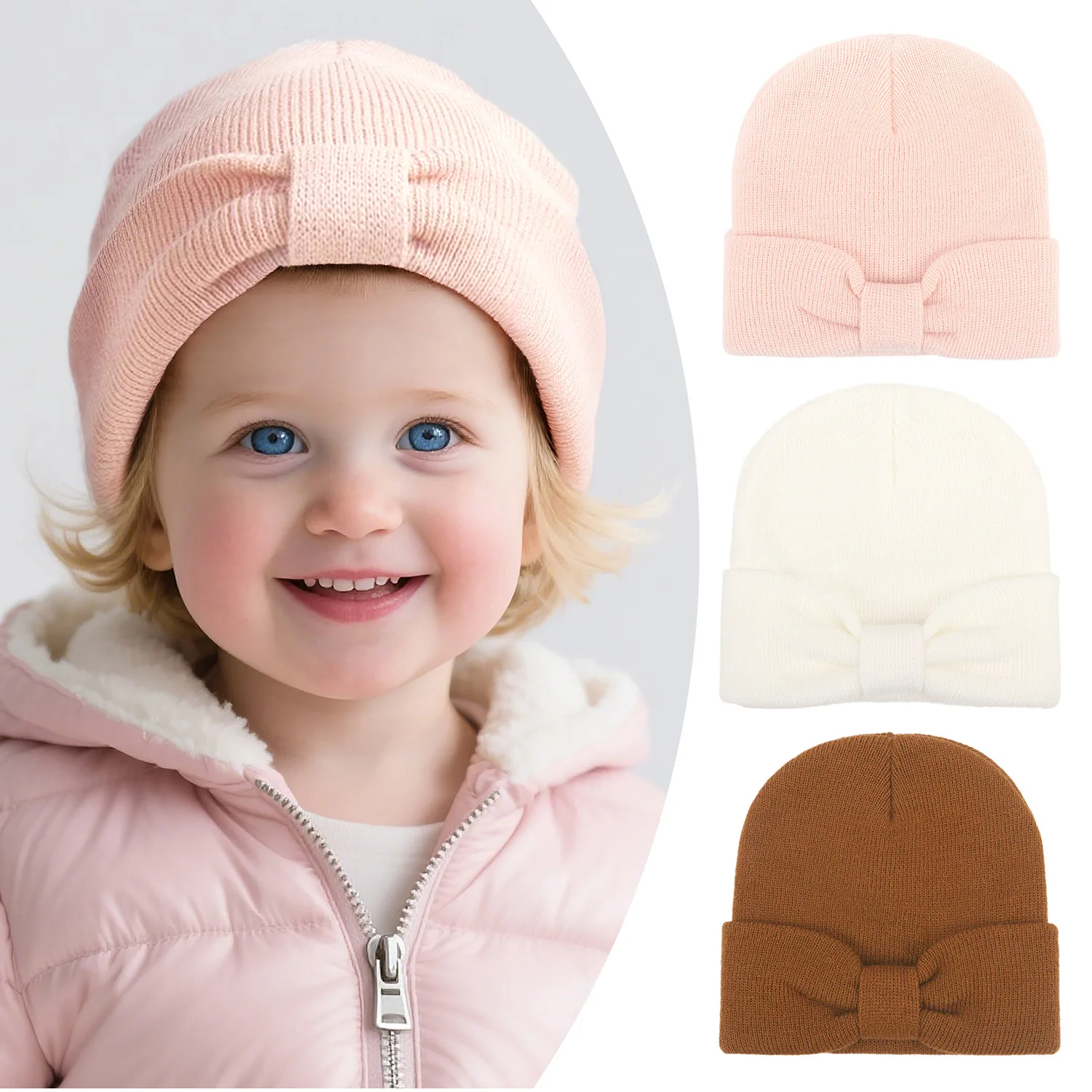 

Baby Winter Hats For Girls Soild Sweet Bowknot Warm Knitted Hat Children's Head Protection Cold-proof Hood For Girls Boys 0-3Yrs