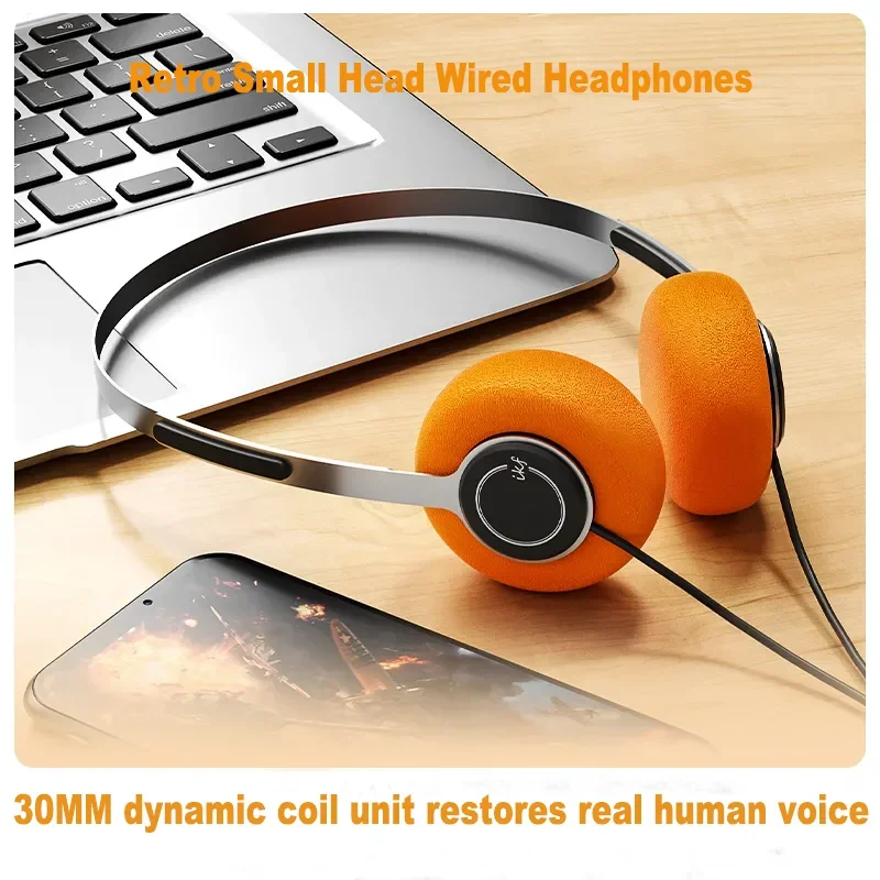 Retro Small Head Wired Headphones With Mic 30MM Dynamic Coil Unit HD HIFI Sound Quality Two-Channel Stereo Lightweight Headset