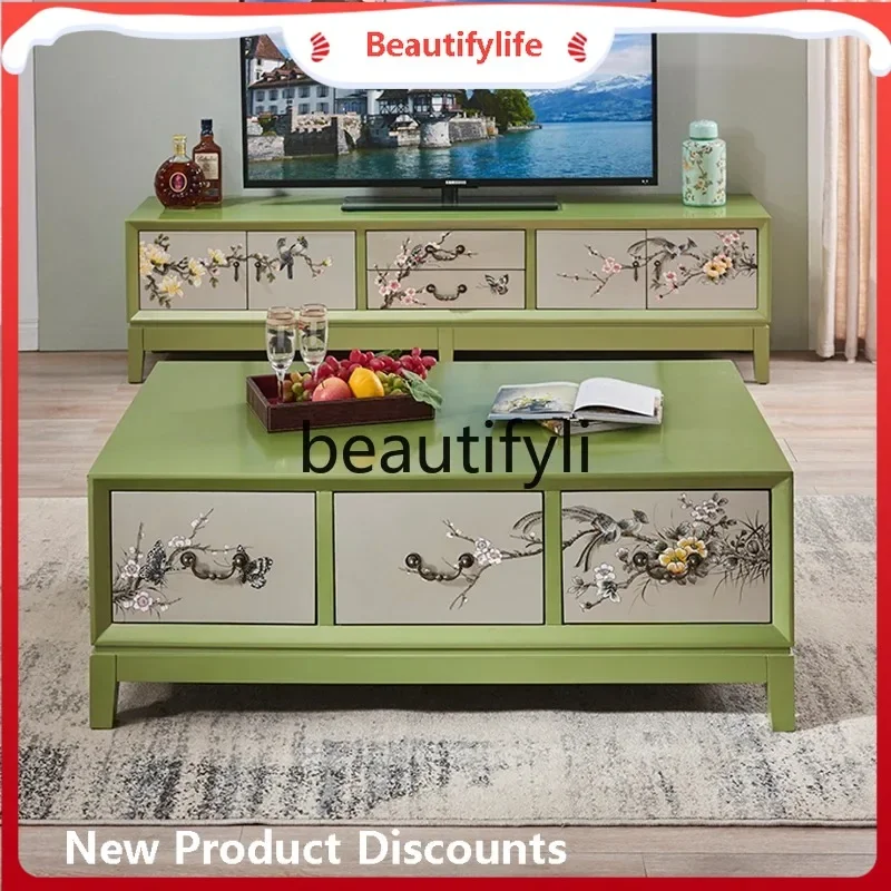 TTT Painted solid wood living room coffee table TV cabinet combination American pastoral hand-painted multi-drawer coffee