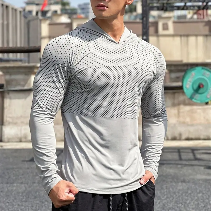 Outdoor exercise men's sportswear thin stretch fitness wear Fashion casual pullover hooded long-sleeved T-shirt men's top