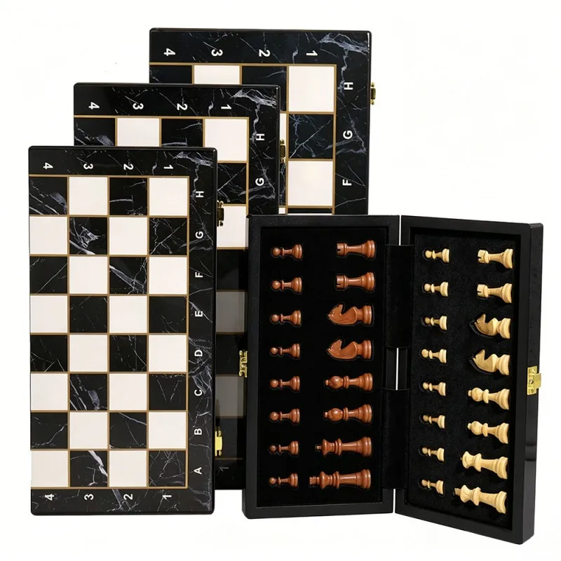 Multi‑Size Foldable Marble Pattern Plastic Chess Set, International Chess Board Game with Storage Case for Adults & Students