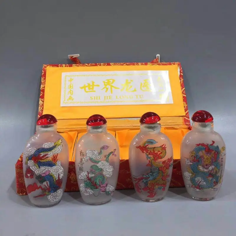 Crafts Antique Old Miscellaneous Snuff Bottle Inner Painting World Dragon Picture Set Decoration Collection Hand Playing Pieces