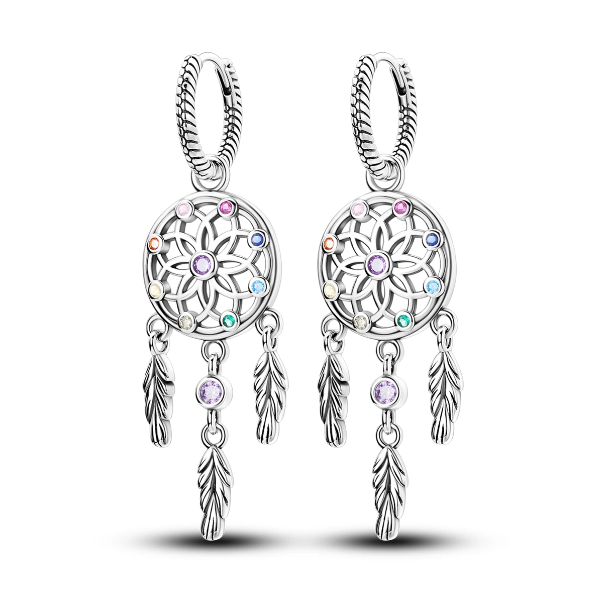 Pendientes de Aro Colgantes Atrapasueños de Plata de Ley 925 para Mujer, con Circonitas Multicolor, Cadena de Serpiente, Aros Huggie, Borla de Plumas, Joyería Boho