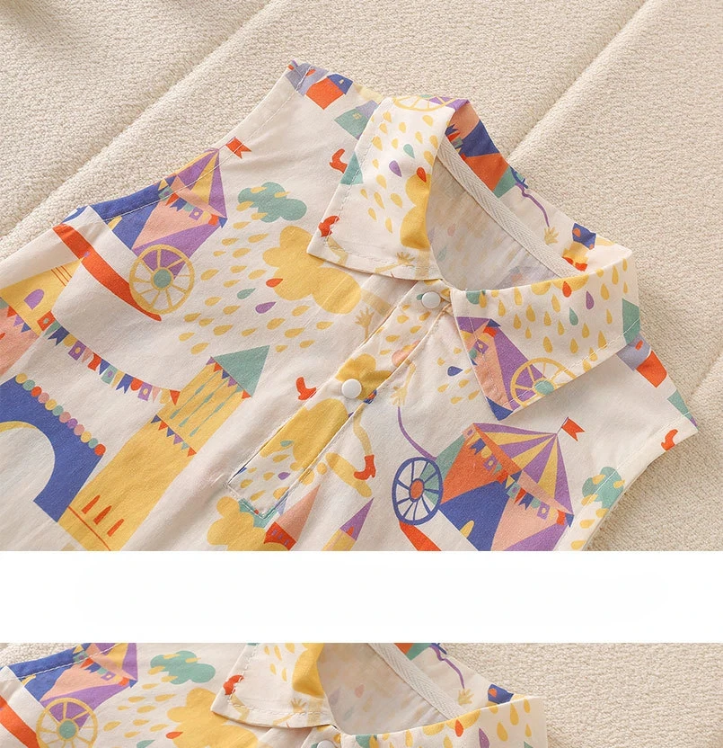 Sommerlicher ärmelloser Baby-Strampler mit Schloss- und Clown-Print, im Wald-Stil, mit breiten Trägern, für Kleinkinder, niedliche Babykleidung – Detail 4