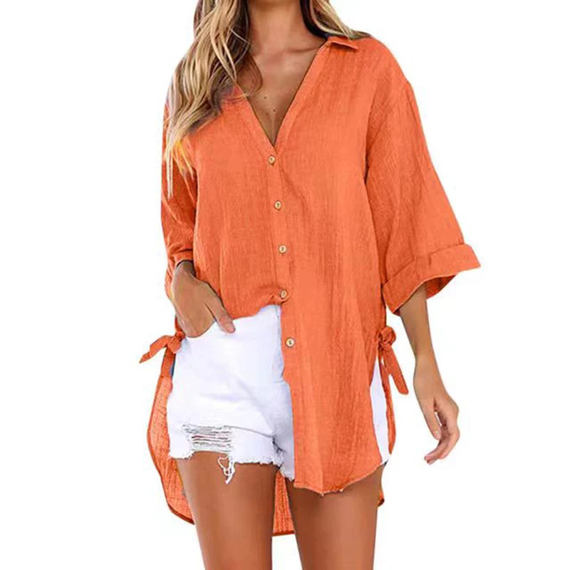 2024 Lace-up Irregular Shirts And Blouses OL Elegant Blouses For Women Summer Solid V-Neck Half Sleeve Causal Mid-length Loose