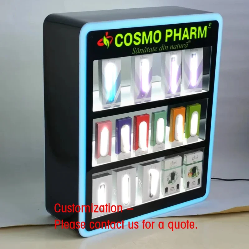

custom.Customize Debossed Display Racks RGB LED Lighted Display Cabinet 3 Tiers Cigarettes Display Sale