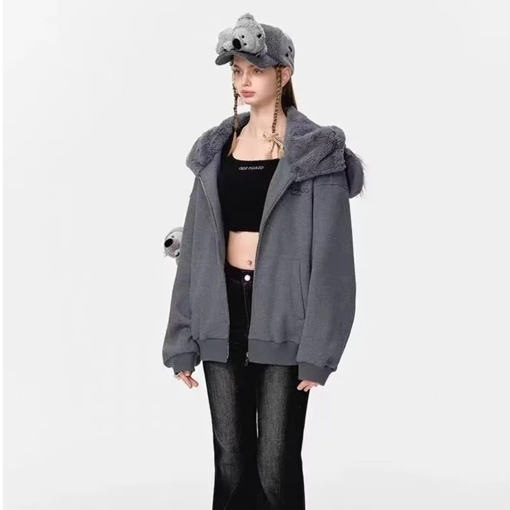 テスコ グレー コアラ デコレーション オーバーサイズ ジップアップ パーカー スウェットシャツ - カジュアル デイリーウェア