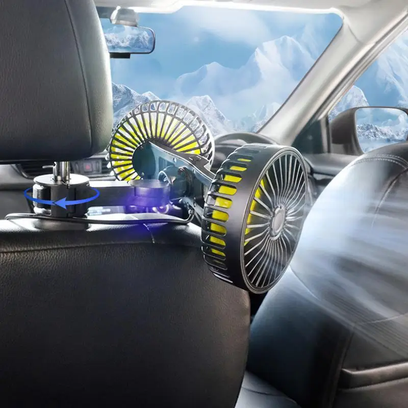 Back Seat Car Fan Dual Head Cooler For Back Seat 360 Degree Rotatable Easy Installation Summer Cooling Fan With 3 Speeds