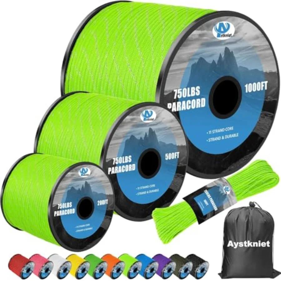 750Ib Reflective Paracord Rope, 100' 200' 500' 1000', 11 Strand Parachute 4MM Spool Cord, Think para Cord Lanyard for Hammock,