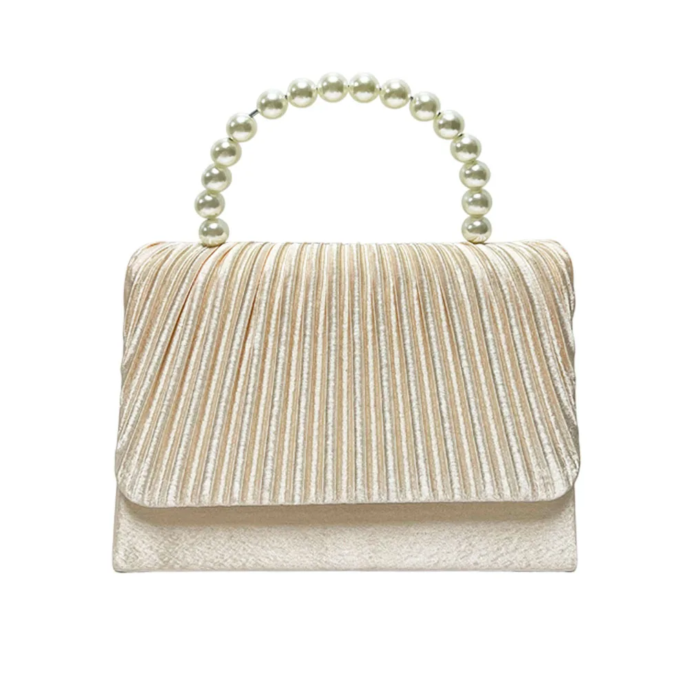 Champagne Pleated Satin Clutch Bag Large Round Pearl Beaded Top Handle Evening Handbag Elegant Formal Wedding Purse For Middle