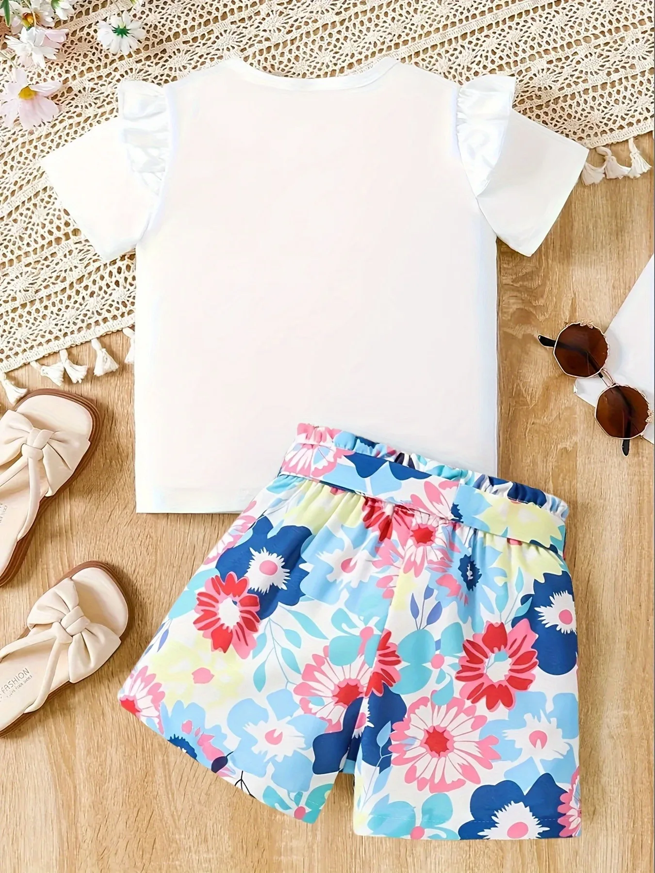Cute Girls 2 Pcs Outfit White Ruffle Sleeve Bow Top & Colorful Flower Print Shorts Beach Summer Play Wear