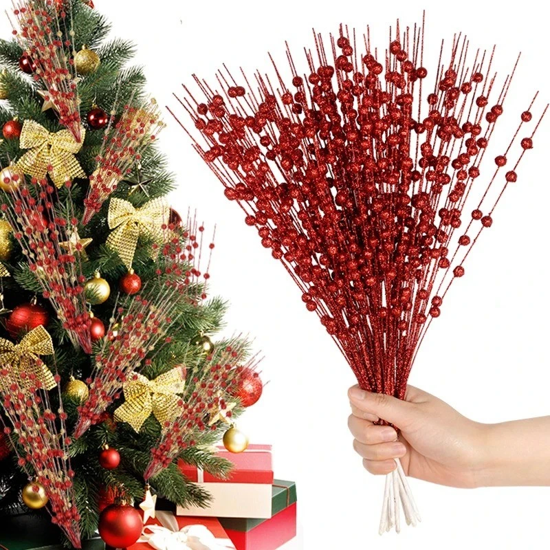 6 Stück glitzernde künstliche Beerenblumen, Blumenstrauß, Ornamente, Weihnachtsdekoration, Weihnachtsbaum für Heimdekoration, Neujahrsgirlande, Zubehör