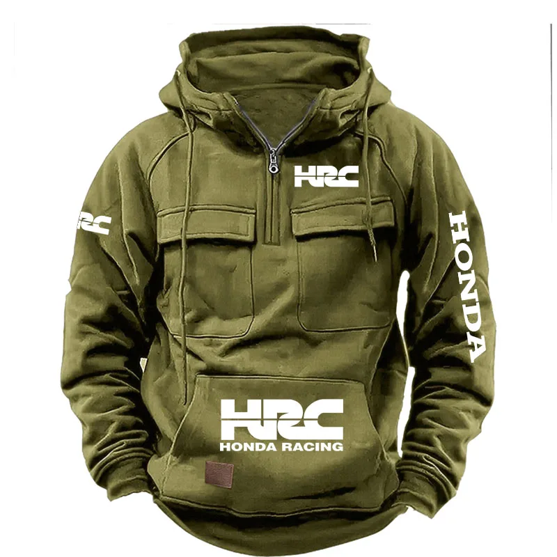 Honda  Men's Half-zip Tactical Hooded Sweatshirt, Solid-color Warm Fleece Workwear Style Sweatshirt, Men's Multi-pocket Hooded