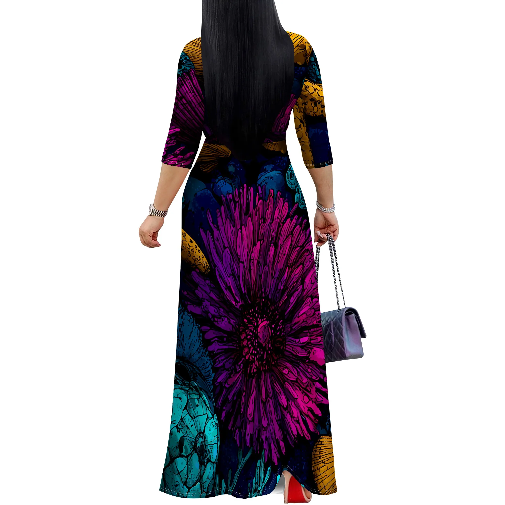 Vestido maxi feminino com decote em V e manga 3/4 com bolso e cinto