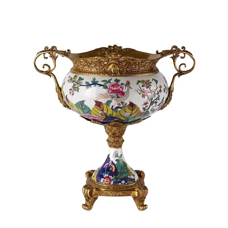 مزهرية ملونة من البورسلين الأزرق والأبيض العتيق، وإكسسوارات منزلية نحاسية #1