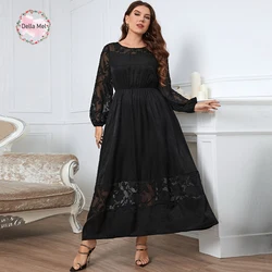 Della Mel Plus Size Women Clothing Black O Neck Lace Long Sleeves Maxi Dress Ladies Elegant Casual Large Size Dresses 3XL 4XL