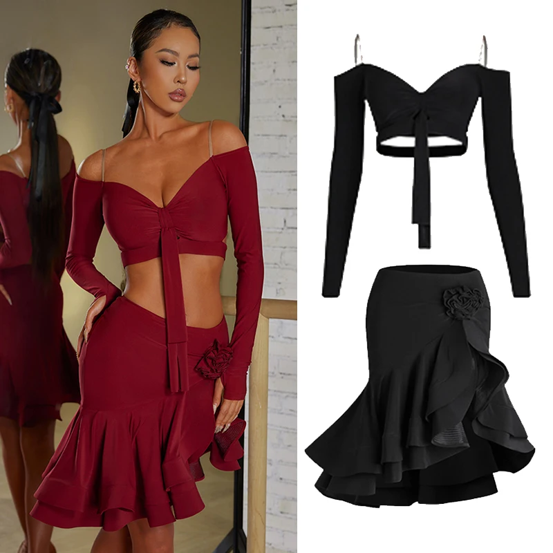 

Latin Dance Tops Women Long Sleeves Tops Flower Split Skirt Rumba Samba Tango Dance Performance Wear Practice Dresses