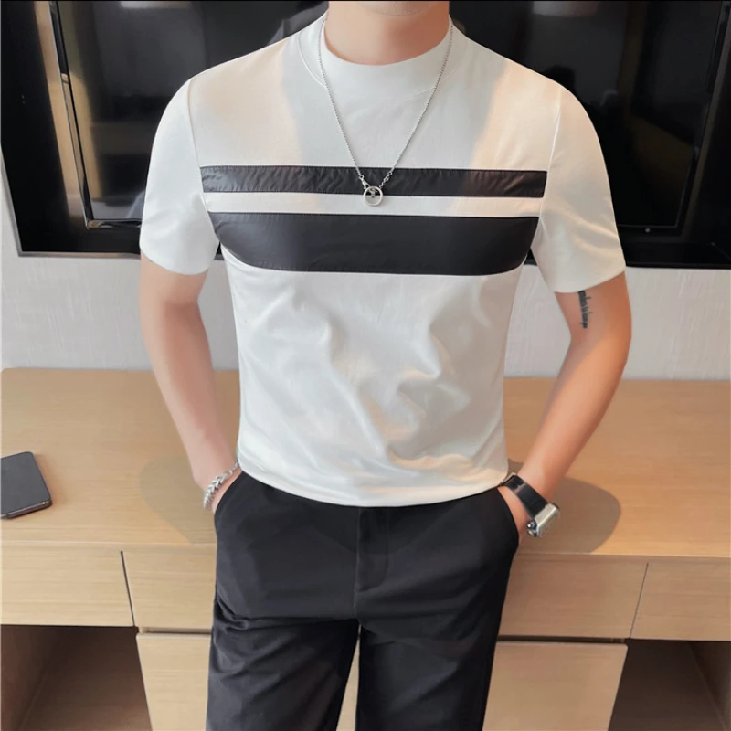 2024 Summer Striped T-shirts Men Short Sleeve Casual Tshirts Slim Round Necked Business Social Tee Tops Streetwear Men Clothing