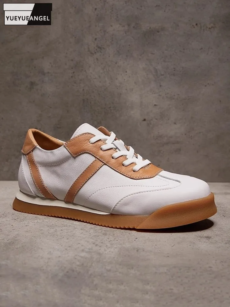 Mens Casual Genuine Leather Shoes Mixed Colors Spring Summer Round Toe Breathable Sneakers Lace Up Fashion Flat Footwear New