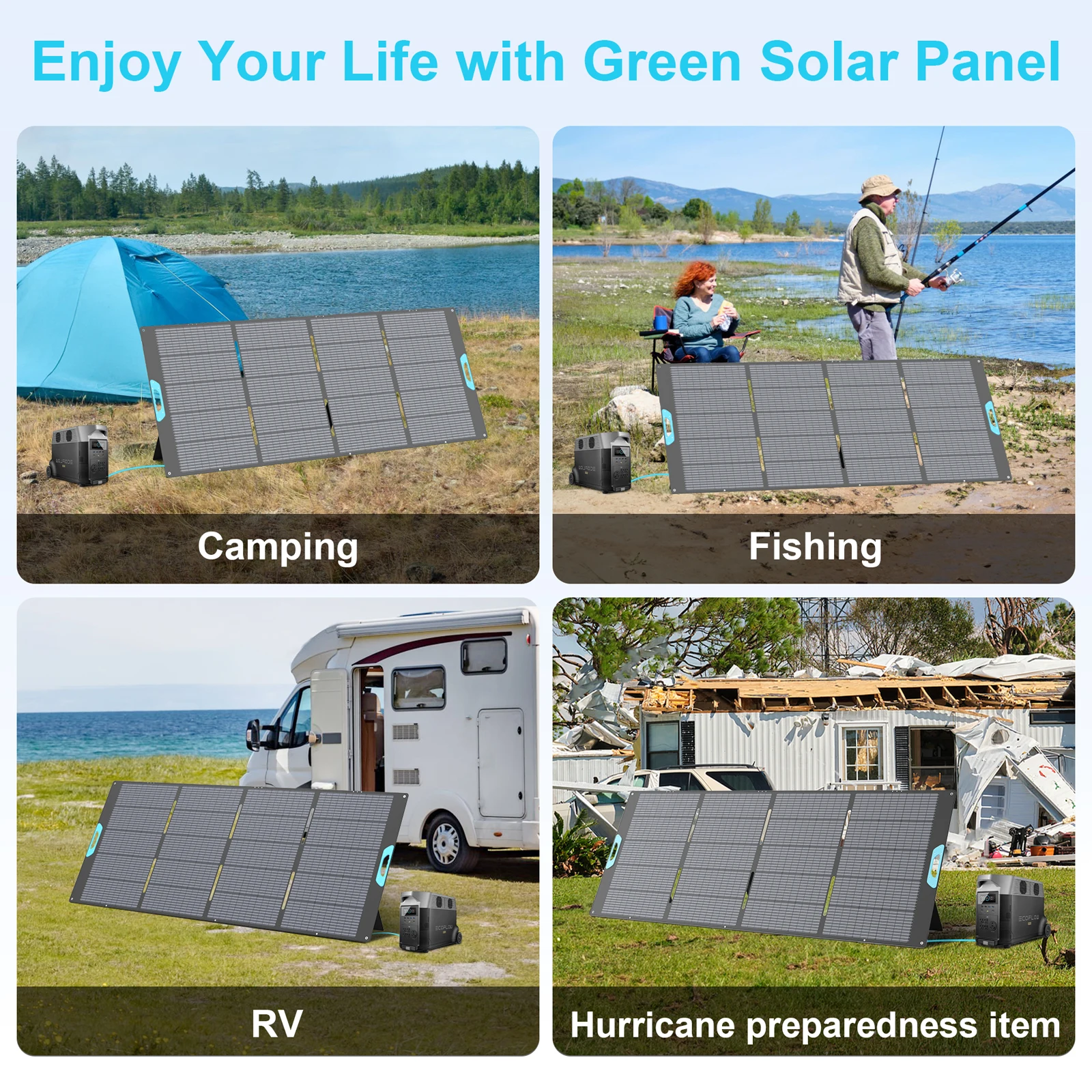 لوحة شمسية E-POWO مع مسند قابل للتعديل، شاحن شمسي محمول قابل للطي بقدرة 400 وات 220 وات 110 وات للتخييم والمركبات الترفيهية والتعتيم