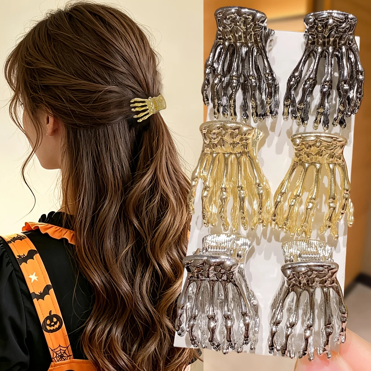 6Pcs Skeleton Hand Hair Clips for Women, Gothic Metal Mini Claw Clips, Y2K Punk Halloween Side Bang Hair Accessories