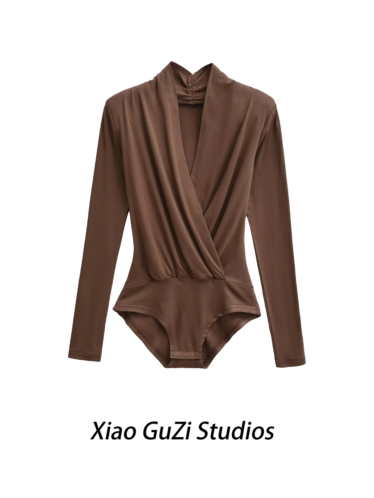 섹시한 스트레치 순수한 매력 매혹적인 소녀 접이식 브이넥 패드 숄더 긴 소매 원피스 베이스 레이어 탑 가을 겨울용