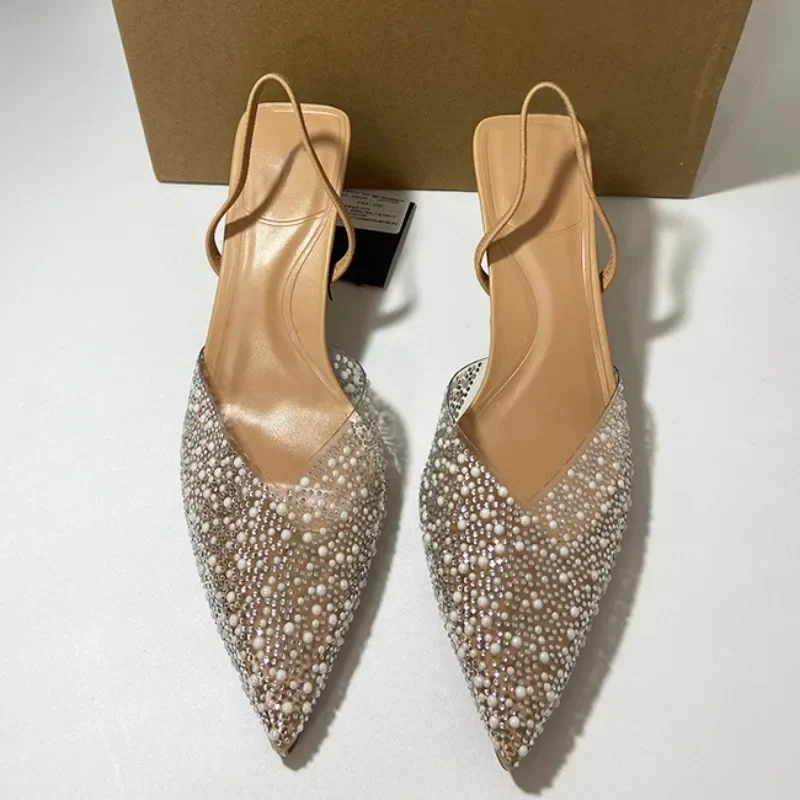 Sandalias de tacón alto puntiagudas para mujer, zapatos sexis transparentes de moda poco profunda, con perlas artificiales decoradas, 2024