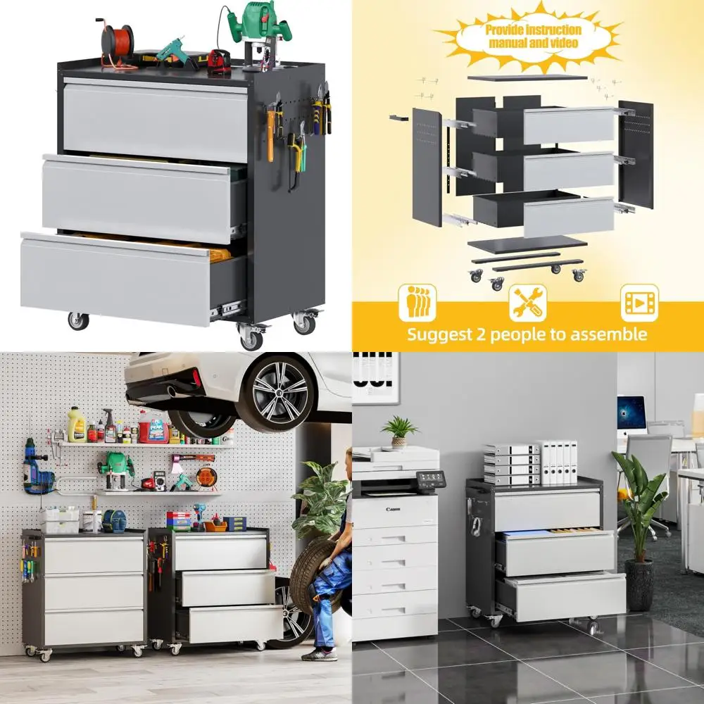 

Металлические гаражные шкафы Aobabo на колесах, стальной шкаф с выдвижным ящиком, 3-х ящиками, комод для инструментов на колесиках с крючками для гаража
