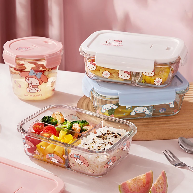 Kawaii Sanrio Cinnamoroll Hello Kitty moja melodia szklana pudełko na Lunch kuchenka mikrofalowa podgrzewanie specjalnej miski do przechowywania świeżego Bento