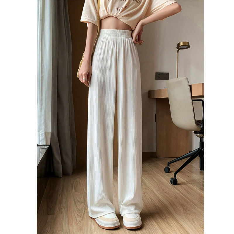 Women\'s Ice Silk Wide Leg High Waist Pleated Straight Loose Straight Thin Casual Dragging Trousers Summer Pants Korean Clothing