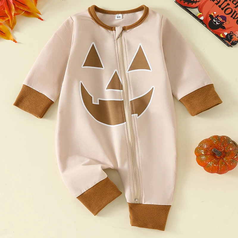 Baby Halloween Jumpsuit Long Sleeve Round Neck Pumpkin Face Print Romper Newborn Outfit