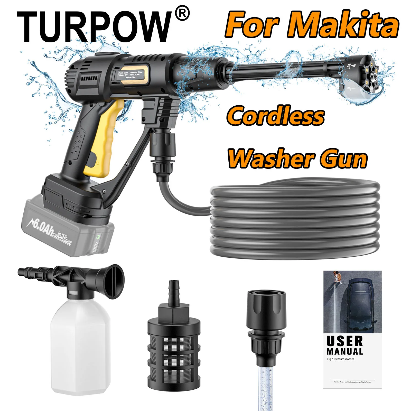 Turpow New Cordless High Pressure Car Wash Washer Gun Long Water Pipe For Makita 18V Battery Water Gun Wash Cordless Machine