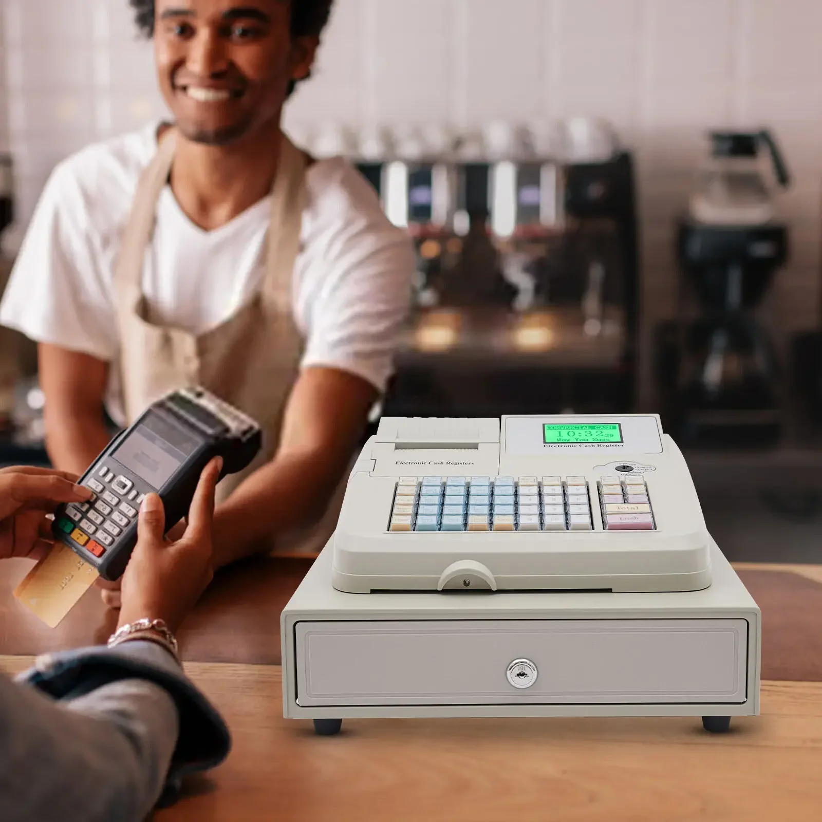 ماكينة تسجيل المدفوعات النقدية الإلكترونية الجديدة ذات 48 مفتاحًا مع شاشة LED للسوبر ماركت