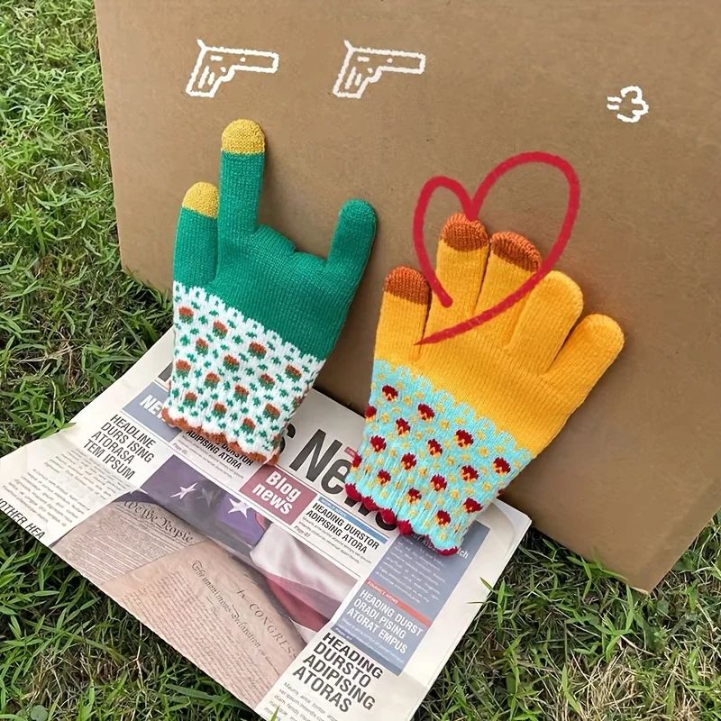 قفازات لطيفة منسوجة بنمط الأزهار للنساء ، إصبع مقسم مرن ، شاشة تعمل باللمس ، ملونة ، أنثى ، شتاء #3