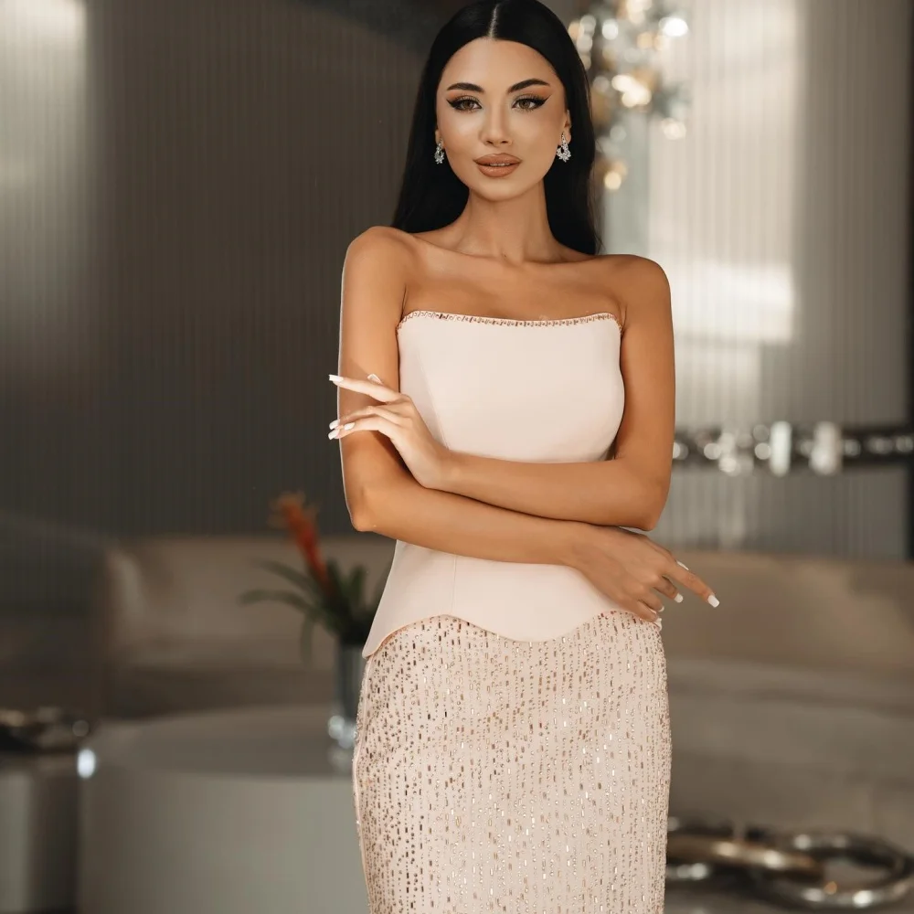 Bella カスタマイズされたホワイト スパンコール ストラップレス バックレス ローブ ド ソワレ 2 点セット パーティー ドレス マキシレングス バックレス プロムドレス