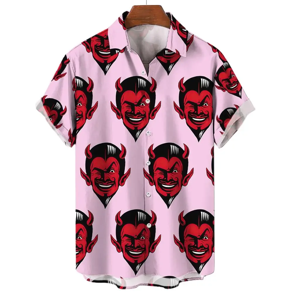 Camisa con patrón de diablo para hombre, camisa de gran tamaño, suelta, doble retales, rojo, Imp, fiesta, festiva, Original, S