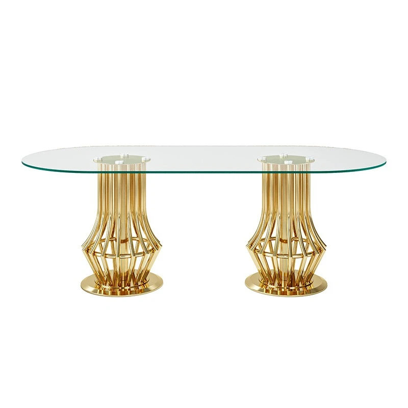 

Light luxury stainless steel dining table Hong Kong-style oval table Household Italian glass dining table Modern simple
