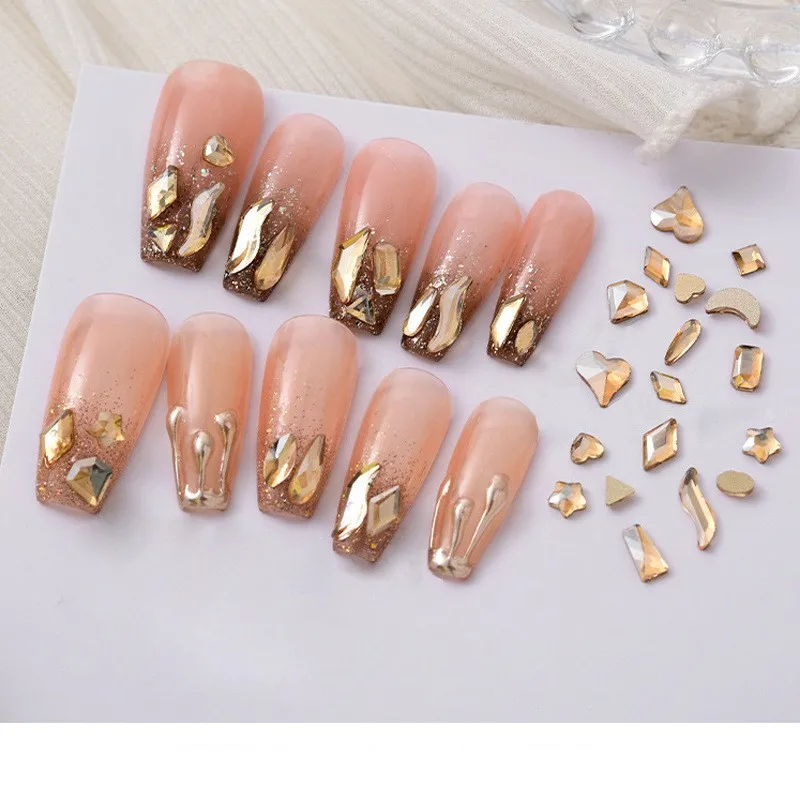 100 sztuk złoty szampan różne kształty wielokolorowy kryształ elegancki Rhinestone 3D Manicure zdobienie paznokci dekoracje Charms biżuteria