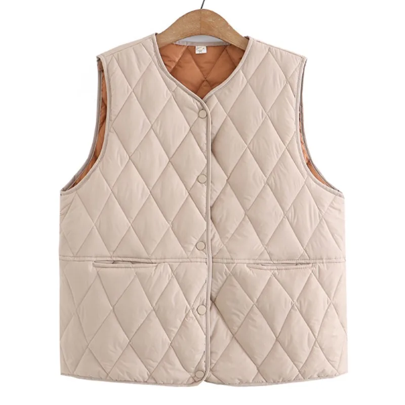 2022 Autumn Padded Vest Jacket Plus Size Women Clothing Loose Fit Argyle Parkas Casual Fashion Sleeveless Coat