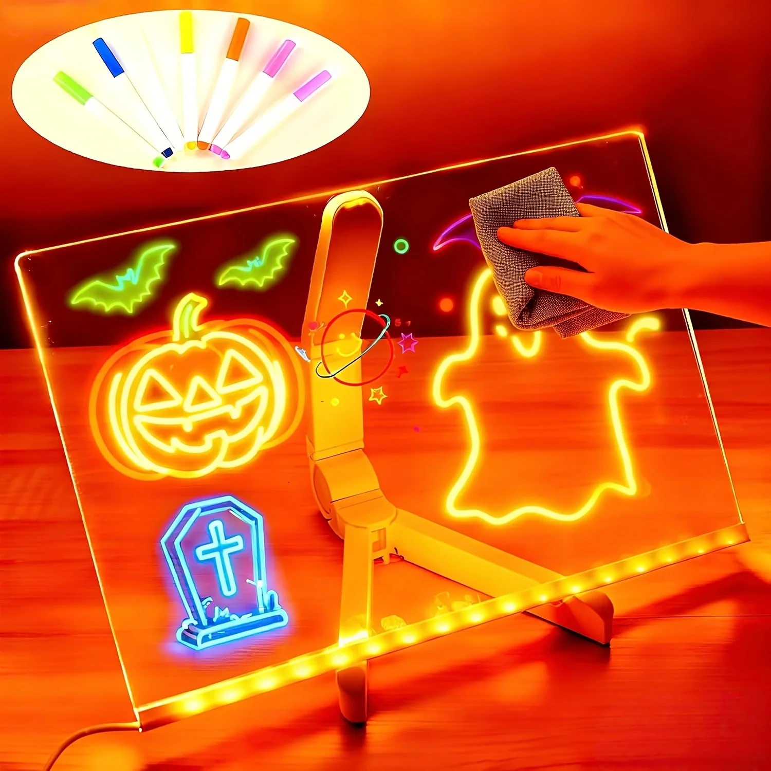 Picture 5: 1 set of LED-lit acrylic message board, removable and erasable USB drawing board, reusable doodle board with stand, 7 colored pe